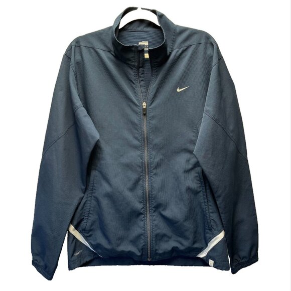 Nike Fit Dri Jacket Mens L Blue White Full Zip Lightweight Athletic Zip Pockets - Picture 1 of 11